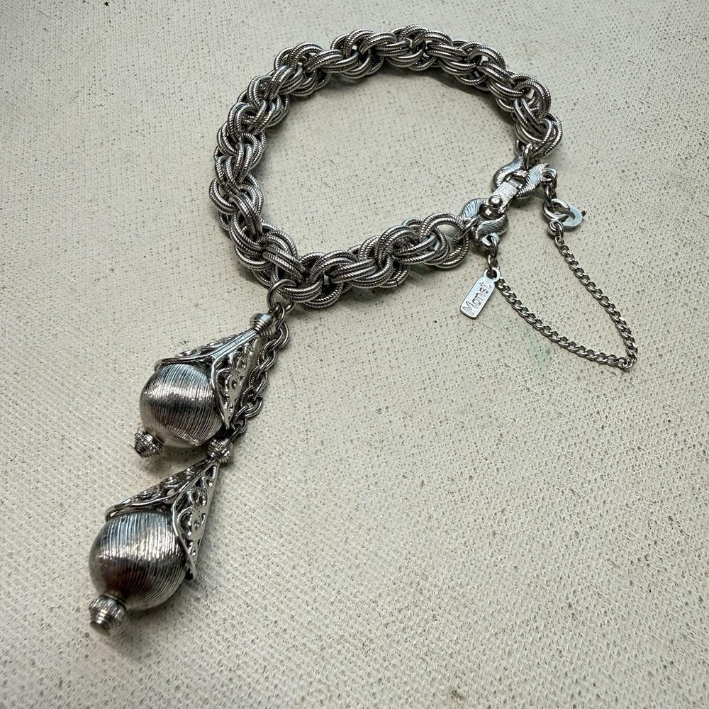 Vintage Monet Bolero Filigree Tassel Silver Tone Chain Bracelet 6.75" EUC!